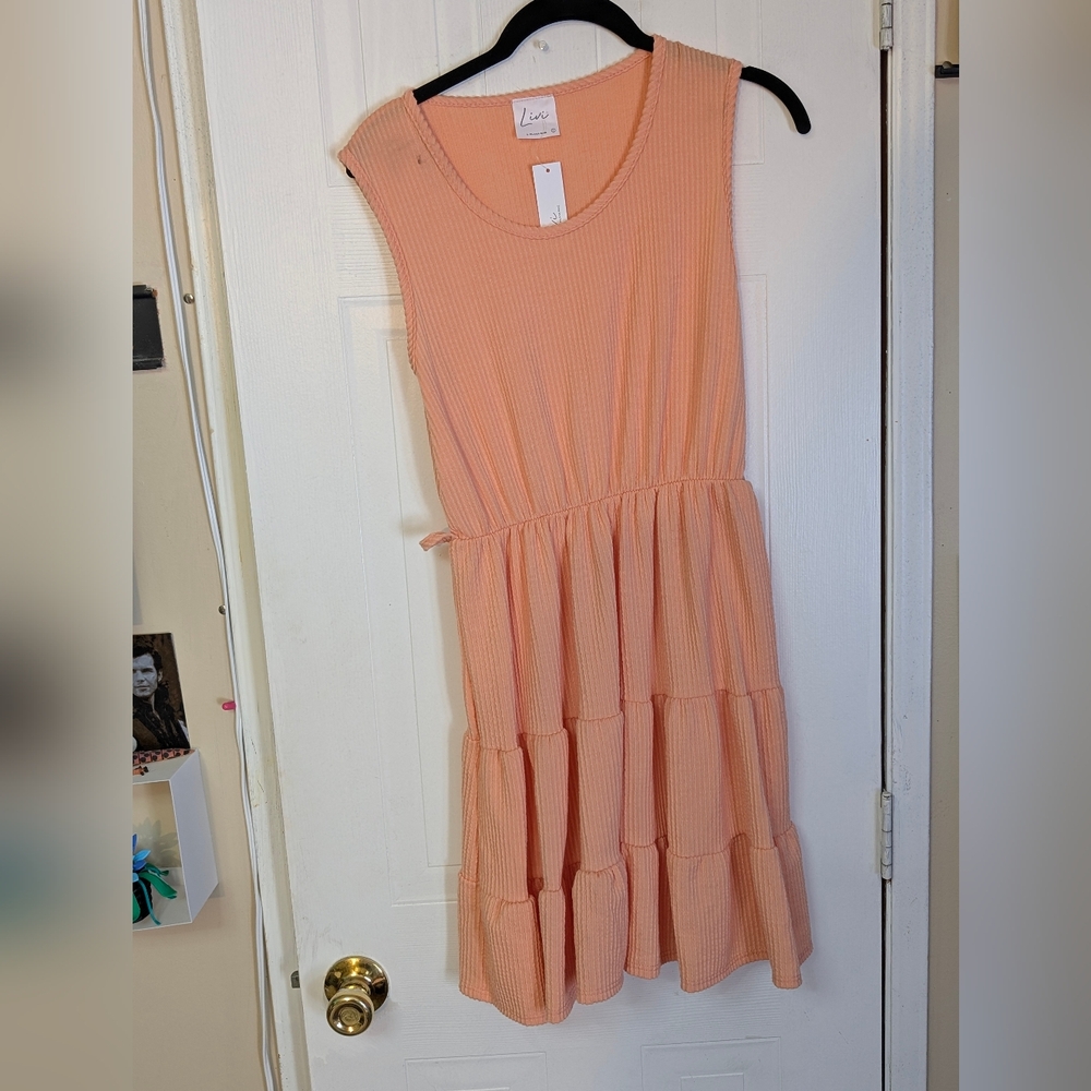 Olivia Rae Apricot Ribbed Dress Flowy NWT Mini Midi Dress V Neck Lightweight
